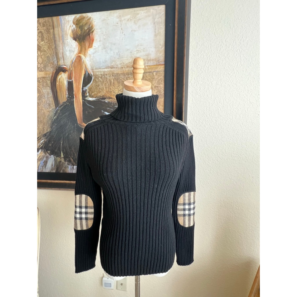New Burberry Black Ribbed Turtleneck Sweater Plaid Elbow Patches XS (Fits M)